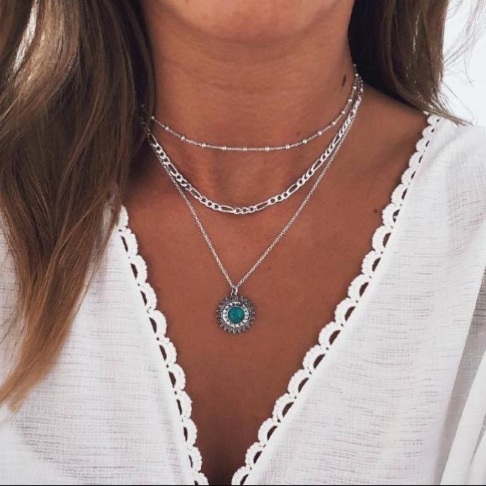 Boho Silver Turquoise Pendant Layered Chain Necklace